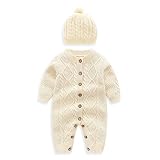 Auro mesa Newborn Baby Knit Romper with hat Beige Infant Baby Knitted Clothes Baby Onsie (59cm (3-6M