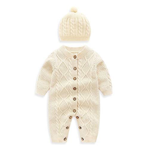 Auro Mesa Newborn Baby Knit Romper With Hat Beige Infant Baby Knitted Clothes Baby Onsie (59Cm (3-6M)) #TOP17