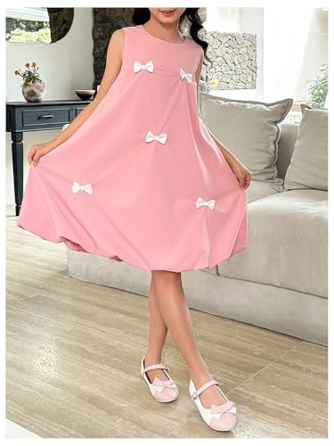 OYOANGLE Girl's Cute Bow Bubble Dress Sleeveless Crew Neck Ruched A Line Short Tank Dresses2