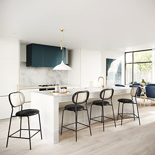 Indoor/Outdoor Faux Leather Bar Stools Set Of 4,Rattan And Wood Backrest With Metal Legs，Modern Upholstered Round Seat Chair Counter Height Barstools For Bistro Home Office Restaurants,24",Black #TOP2