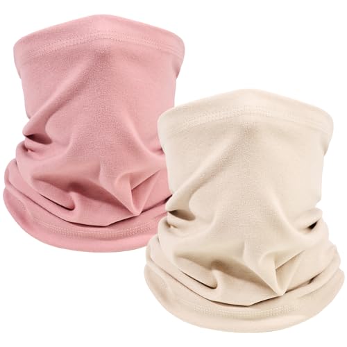 MOBUR 2 Pack Winter Neck Gaiter, Neck Warmer Face Scarf, Windproof Face Mask Cover Cold Weather Scarf for Men and Women (Beige + Pink)
