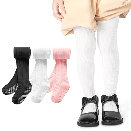 3 Pack Toddler Tights, Non Slip Baby Tights for Girl (6 months-6 years), Knit Cotton Pantyhose Black White Pink Grey