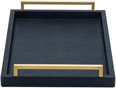 Black Faux Leather Serving Tray, 17x12 inches, Brushed Gold Handl...