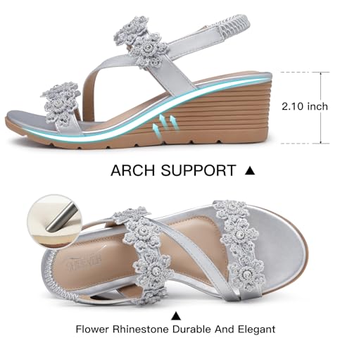 Image of SHIBEVER Wedge Sandals for Women Dressy: Summer Open Toe Low Platform Wedges Sandals Elastic Ankle Strap Flower Comfortable Casual Shoes
