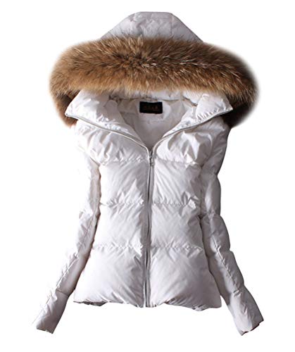 ACE SHOCK Women's Down Coats with Fur Hood Warm Short Puffer Jacket Slim Fit Winter Parka