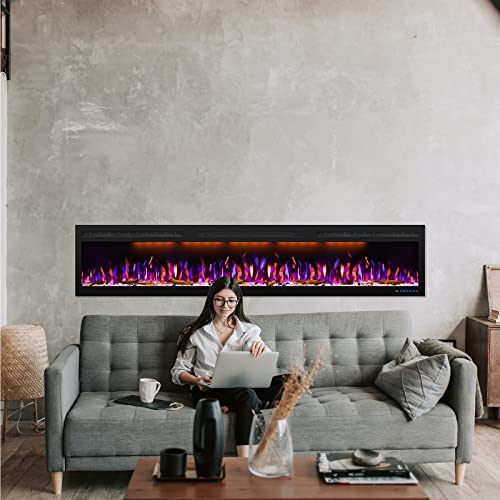 Mystflame Electric Fireplace Recessed 88 Inches, Insert And Wall Mounted Slim Fireplace With 750/1500 Watt Heater, Log & Crystal Hearth, Adjustable Realistic Flame And Remote Control & Touch Screen #TOP5