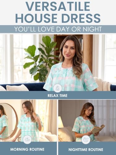 Image of Casual Nights Women's Snap - Front House Dress Short Sleeve Woven Housecoat Duster Lounger Robe with Pockets