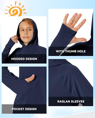 Image of Boys Rash Guard Long Sleeve Hoodie Swim Shirt with Pocket Youth Kids UPF 50+ Sun Protection Fishing Shirts Thumb Hole