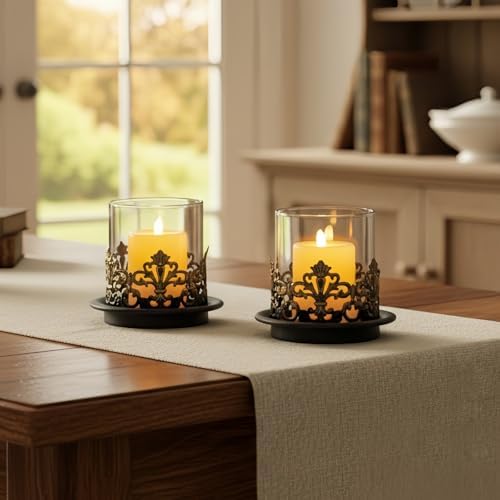 Vintage Gothic Glass Hurricane Candle Holders, Black Metal Base w...