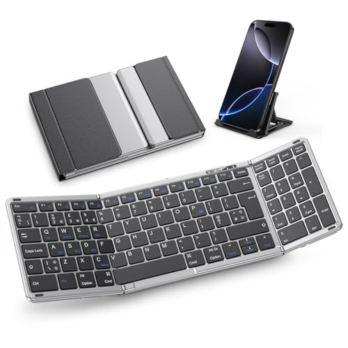 OMOTON Bluetooth Foldable Keyboard with Numeric Keypad Wireless Keyboard Rechargeable QWERTY UK Full Size 3 Bluetooth Channels for iOS/Android/Windows/Mac Portable for Business/Travel Space Grey