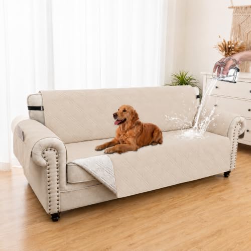 Eusalioy 100% Waterproof Couch Cover for Dogs, Washable Anti-Slip Sofa Cover with Elastic Straps & Side Pockets, Quilted Furniture Protector for Kids & Pets (Oversize Sofa 78", Beige)