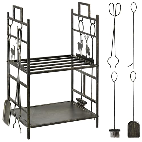 HOMCOM Porte-bûches range bûches étagère à bois de cheminée serviteur de cheminée cerf multi-accessoires 2 étagères dim. 51,5L x 33l x 77H cm métal...