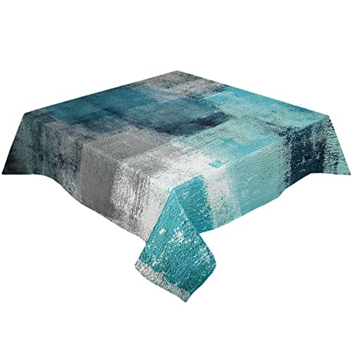 Teal Grey Tablecloths Square, Oil Painting Gray Waterproof Tablecloth, Dining Turquoise Table Cloth, Modern Geometric Abstract Art Polyester Table Cover For Kitchen/Cafe/Party Table, 54 X 54 Inch #TOP2