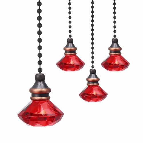 Image of MECCANIXITY 4Pack Ceiling Fan Pull Chain, 12 Inch Decorative Ornaments Diamond Pendant Pull Chain Extension for Ceiling Fans Light Lamp, Red