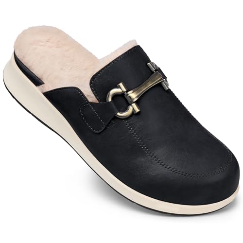 TEMOFON Mules Shoes for Women Dressy: Black Comfortable Walking Fuzzy Mules for Woman - Slip On Trendy Comfort Clogs with Fur Size 6