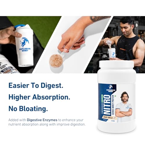 Image of Explosive Whey Nitro Series Whey Protein - Trusted by M.S. Dhoni | 24g Protein & 3g German Sourced Creatine for Strength, Endurance, & Lean Muscle - 29 Servings (29 Servings - 1Kg, Creamy Vanilla 24g Protein)