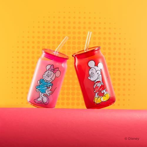 JoyJolt Disney Mickey Mouse and Friends Color Sketch Glass Tumblers with Lids and Straws, 16oz Glass Cups with Lids and Straws, Can Shaped Drinking Glasses Set of 4, Disney Gifts for Adults by JoyJolt - Used condition - Image 7