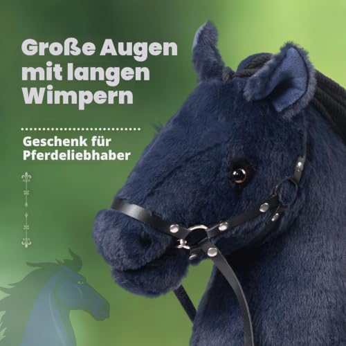 BEJOY Steckenpferd Spielzeug Holzpferd | Plüschpferd zum Reiten Tiefblau – Ansicht 3