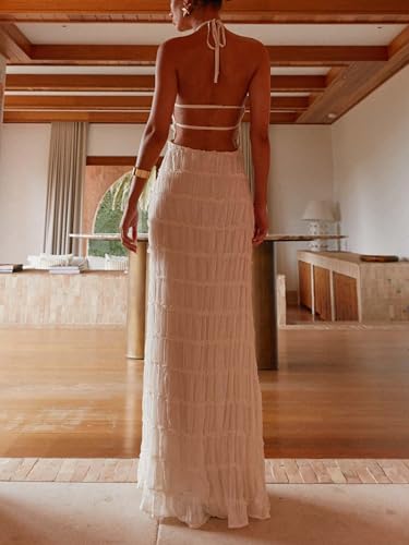 Image of Women Summer Halter Neck Maxi Dress Flowy Ruffle Tiered Sleeveless Sundress Boho Backless Spaghetti Strap Long Dress