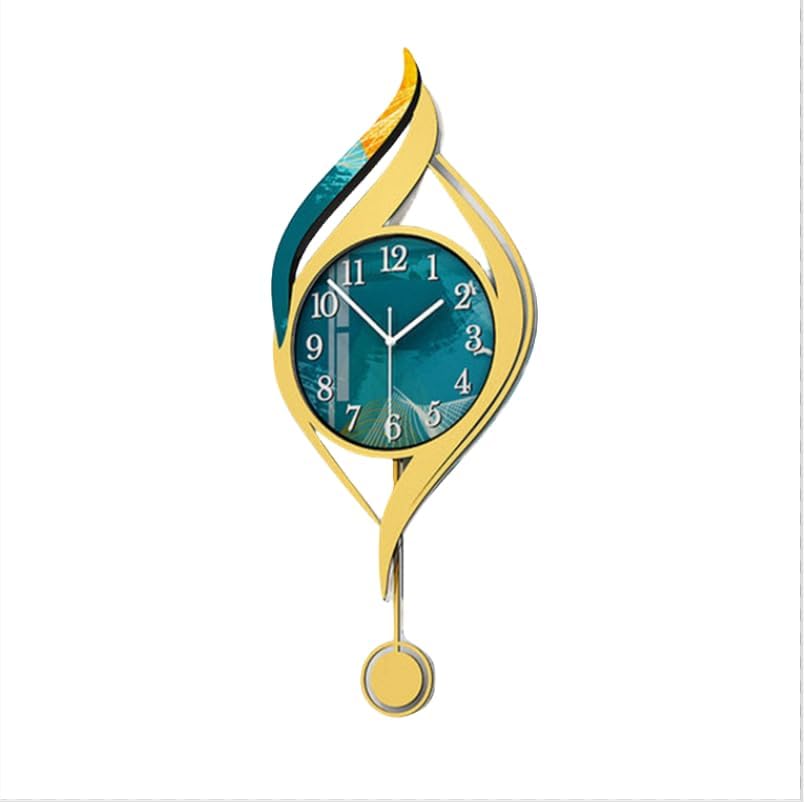 Modern Decorative Wall Clock, Teal and Gold Metal Frame, Silent Sweep Movement, Shatterproof Glass (Model: 13.78 * 33.07 in + White Panel + Light)