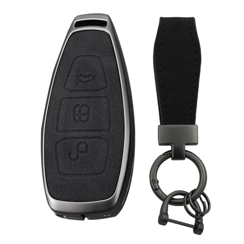 TECART Smart Étui de protection pour clé de voiture en cuir 3 boutons pour Ford Fiesta Focus Kuga C-Max Galaxy B-Max S-Max Mondeo Mk2 MK3 Edge Noir H