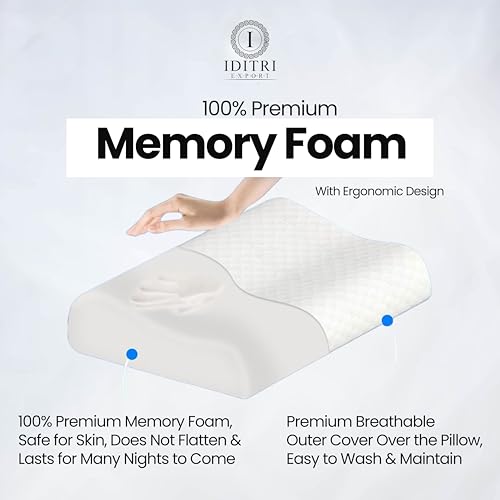 Image of Memory Foam Baby Pillow, Ergonomic Therapy Design for Kids Neck Support, Breathable Washable Cover, Cervical Relief for Stiff Joints and Snoring, 42 x 26 x 6 cm,White