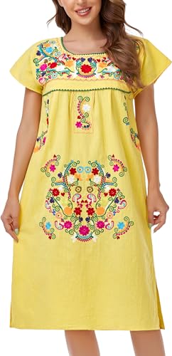 Image of YZXDORWJ Women Mexican Embroidered Long Dress Ruffle Collar Maxi Boho Floral Summer Short Sleeve