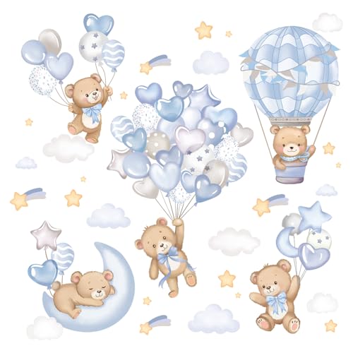 FUFUQUARE Stickers Muraux Oursons Nuages Montgolfières Autocollants Muraux Aquarelle Bleue Décoration Murale Amovible DIY pour Enfant Salon Chambre à Coucher