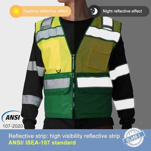 Image of High Vis Reflective Safety Vest for Men Women Zipper Ipad Pockets Mesh Construction Apparel Neon Vest for Work