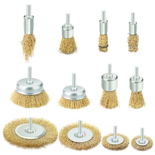 Image of 12Piece Abrasive Brass-Coated Wire Wheel Brush Set, Wire Wheel for 1 /4 inch Drill Shank for Descaling, Deburr, Sanding, Polishing
