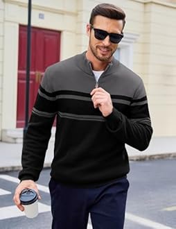 MAGCOMSEN Men's Sweaters 1/4 Zip Up Casual Striped Pullover Polo Sweaters Fall Winter Sweatshirts, Dark Grey Black, S