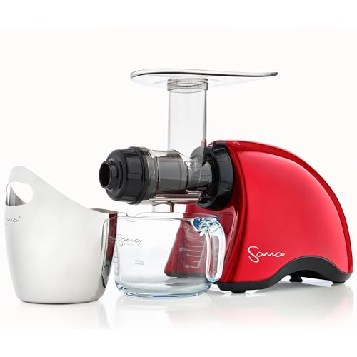 Cold Press SANA 707 Classic Horizontal Single Auger Slow/Low Speed Juicer | Easy Clean, Powerful Motor, Auto Feed, Compact, Celery Attachment, Frozen Desserts, Pasta Extrusion, 15 Year Warranty, Red