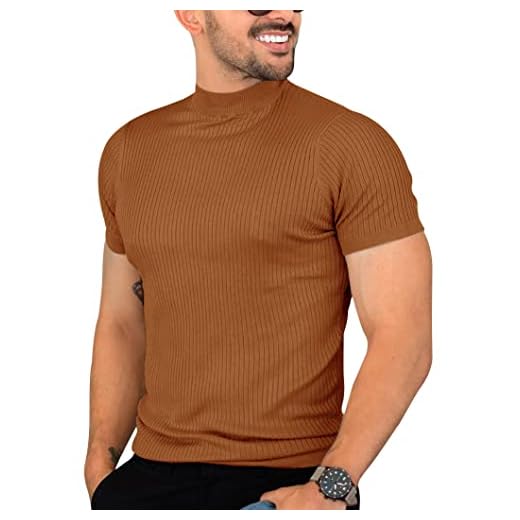 Pretifeel Mens Short Sleeve Sweater Mock Neck Basic Pullover Solid Slim Fit Knit T Shirt Brown