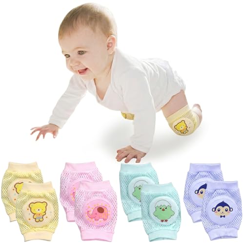 KOQAIIZ 4 Pares de Rodilleras Bebe Gateo Antideslizantes, Protector de Rodillas para Bebés Transpirable con Diseños de Animales, Rodilleras para Gatear Ajustables para Niños y Niñas