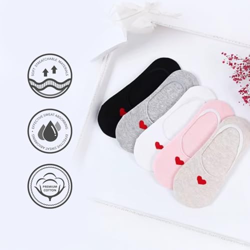 Women's No Show Socks – Cute Heart Pattern Low Cut Cotton Soft, Non-Skid Non-Slip, 5 Pack seamless Invisible Liner Socks with Silicone Edge 5