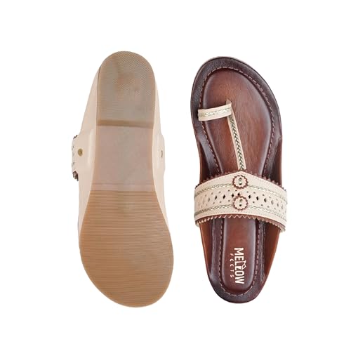Image of Women's Kolhapuri Sandals - Handcrafted Leather Flats Chappals with Toe Ring, Comfortable Slip-On Ethnic Footwear with Embroidery & TPR Leather Sole