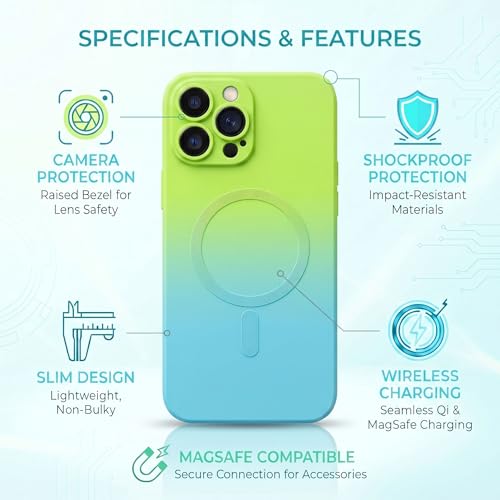 Image of amazon basics Gradient Mag-Safe Case for iPhone 13 Pro Max | Soft Silicone Shockproof Cover with Camera Protection | Slim Lightweight Design | Smooth Touch & Durable - Green & Blue
