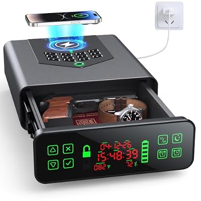 Wolfwake Biometric Gun Safe with Wireless Charging, 6-Way Quick Access Pistol Safe for Handgun, LCD Display with Alarm Clock, Temperature and Humidity Monitor, Hidden Bedside Safe for Home, Black