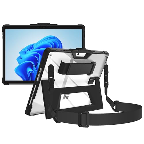AOAO Clear Case for Microsoft Surface Pro 8 Rugged Protective Cover with Shoulder Strap Hand Strap Stylus Pen Holder Extra Stand for Education and Business Office Black