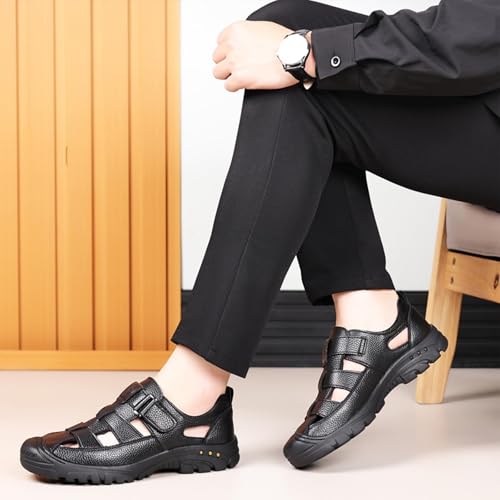 Image of Men's Genuine Leather Fisherman Sandals Closed Toe Anti-Slip Platform Adjustable Hook & Loop Strap Summer Hollow Sandals for Casual Outdoor Travel