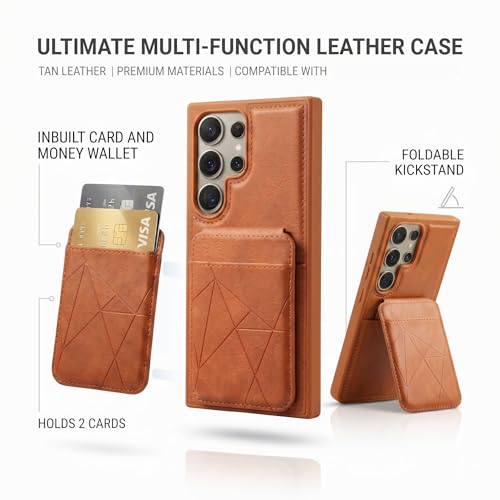 Image of amazon basics Premium Vegan Leather Back Cover with Card Holder and Integrated Mobile Stand for Samsung Galaxy S24 Ultra 5G - Slim Shockproof Wallet Case with Geometric Stitching [Tan]