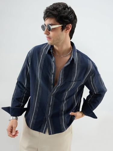 VASTRADO Navy Contrast Panel Boxy Fit Crop Shirt - Image 3