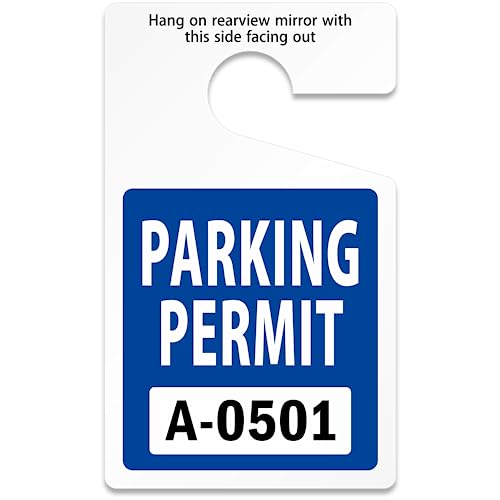 SmartSign (Pack of 50) 5 x 3 inch Standard “Parking Permit” Sequentially Numbered Rearview Mirror Hang Tags, 20 mil Thick Plastic, Blue, Black and White