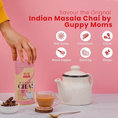Image of Guppy Moms Masala Chai with Ginger, Pepper, Nutmeg, Aromatic Masala Granules Chai Patti | Premix Masala Flavor Black Tea - 200 gm