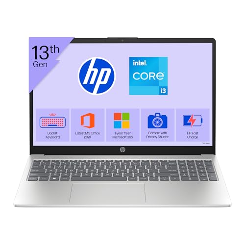 HP 15, 13th Gen Intel Core i3-1315U, (8GB DDR4,512GB SSD) Anti-Glare, Micro-Edge, FHD,15.6''/39.6cm, Win11,M365 Basic(1yr),Office24, Silver,1.59kg, fd0572TU, FHD Camera w/Shutter, Backlit Laptop view 1