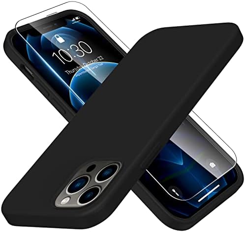 for iPhone 12 Pro Max Case with Screen Protector - Upgraded Full Coverage Soft Liquid Silicone Cover for Womne Girls- Scratch-Proof Protective Phone Case 6.7 inch - Black