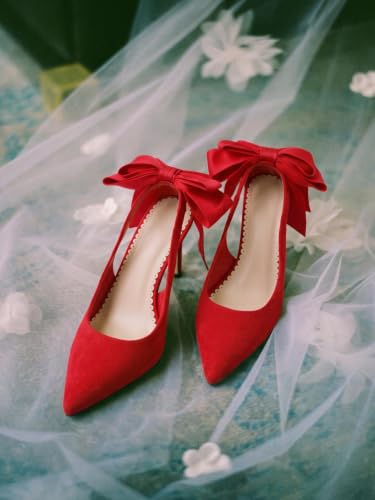 Image of Coutgo Womens Slingback High Heels with Bow Closed Pointed Toe Wedding Bride Dress Shoes Satin Pumps