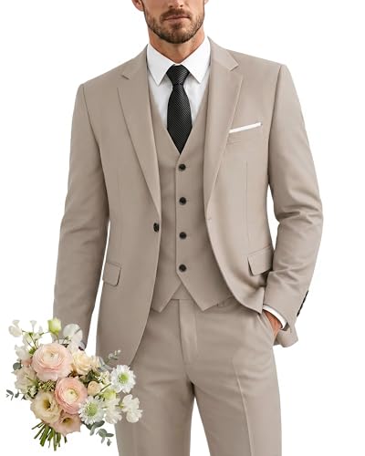 YND Mens 3 Piece Slim Fit Suit One Button Solid Jacket Vest Pants Set with Tie for Wedding Party Proms and Business Beige