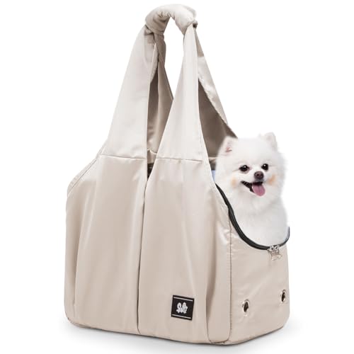 Dog Purse Carrier for Small Dogs, Cats, and Puppies – Soft-Sided Travel Pet Tote Bag with 4 Large Pockets, Foldable, Lightweight, Fits Pets up to 15 lbs, for Travel, Outings (Beige)