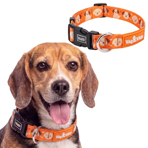 Image of Wag and Wilder Heavy Duty Adjustable Dog Collar for Medium Dogs - Quick Release Buckle & Metal D-Ring (Puppy Parade Orange)